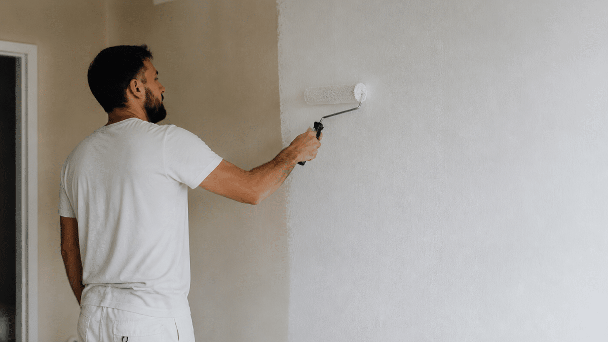 Peintre appliquant peinture blanche sur mur avec rouleau