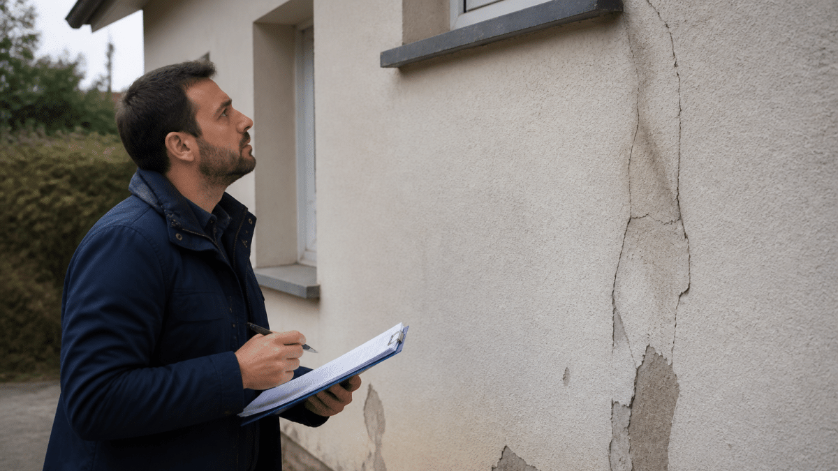 Expert inspectant murs fissures maison avec documents