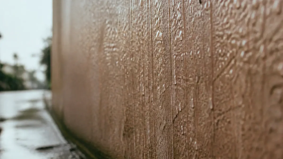 Gouttes d'eau brillantes coulant sur surface murale humide