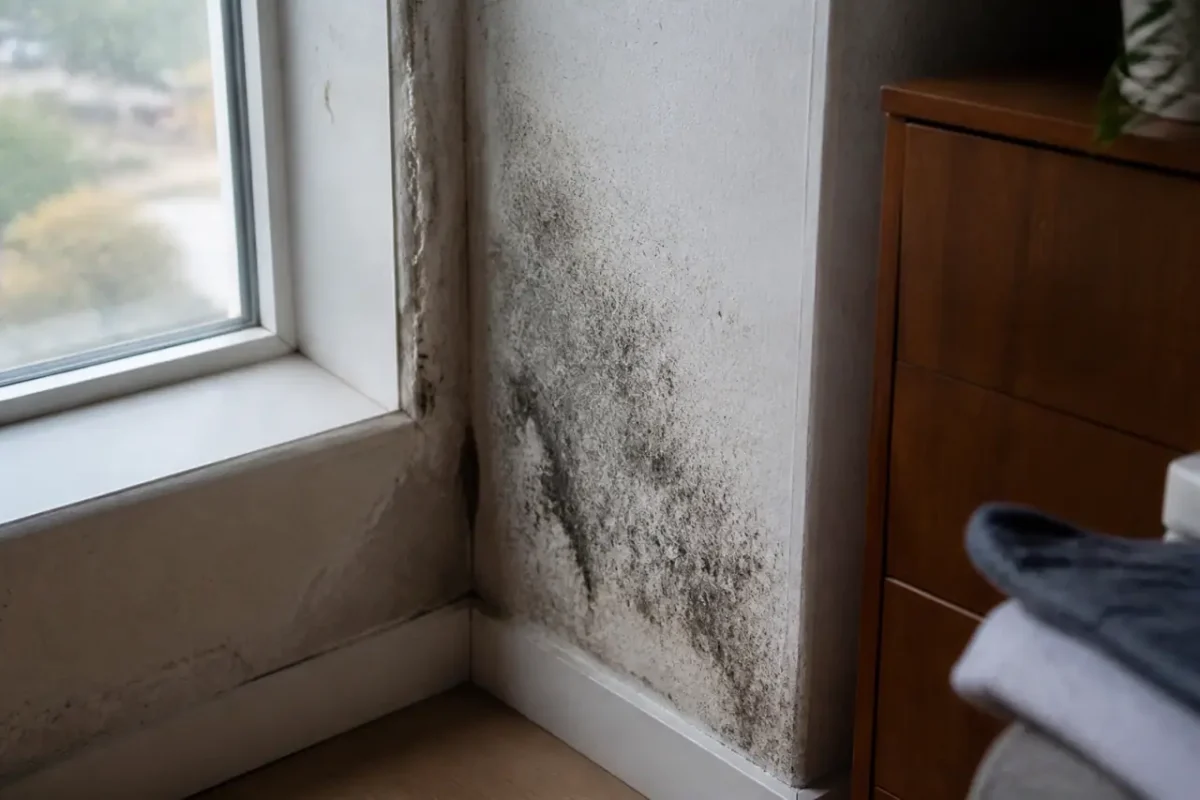 Moisissures noires sur mur humide pres fenetre